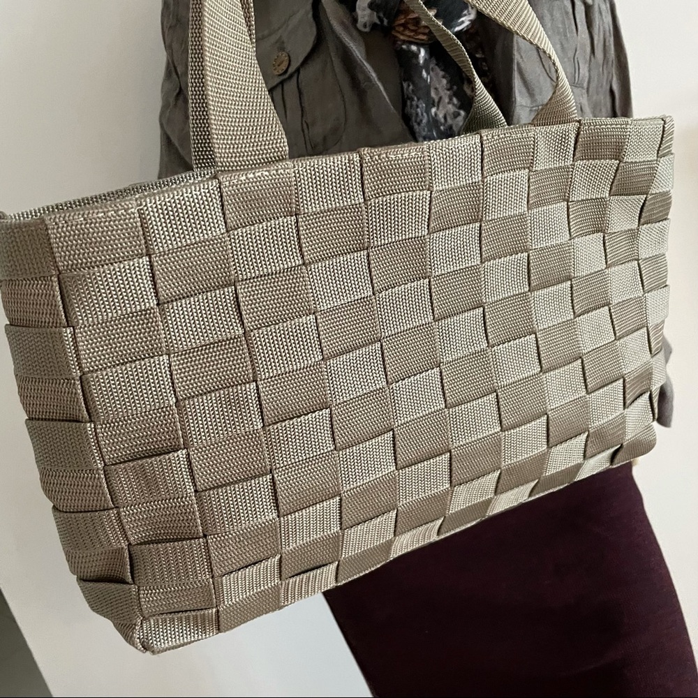 Bcbg woven fabric tote bag with button closure